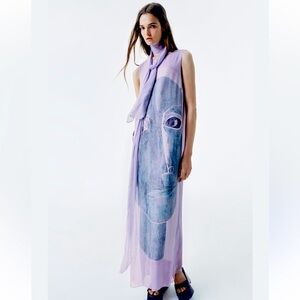 NWT. Zara Lilac Viscose Flowing Printed Midi Dress. Size L.